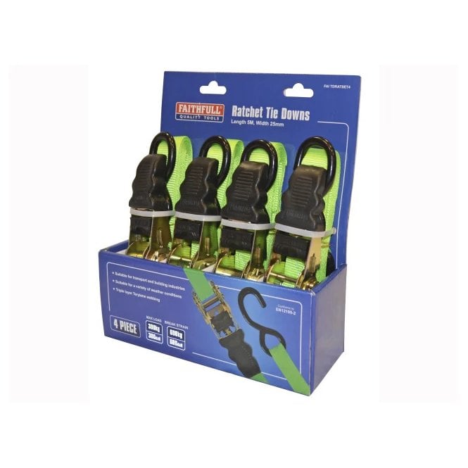 Ratchet Tie-Downs 5m x 25mm Green 4 Piece - FAITDRATSET4